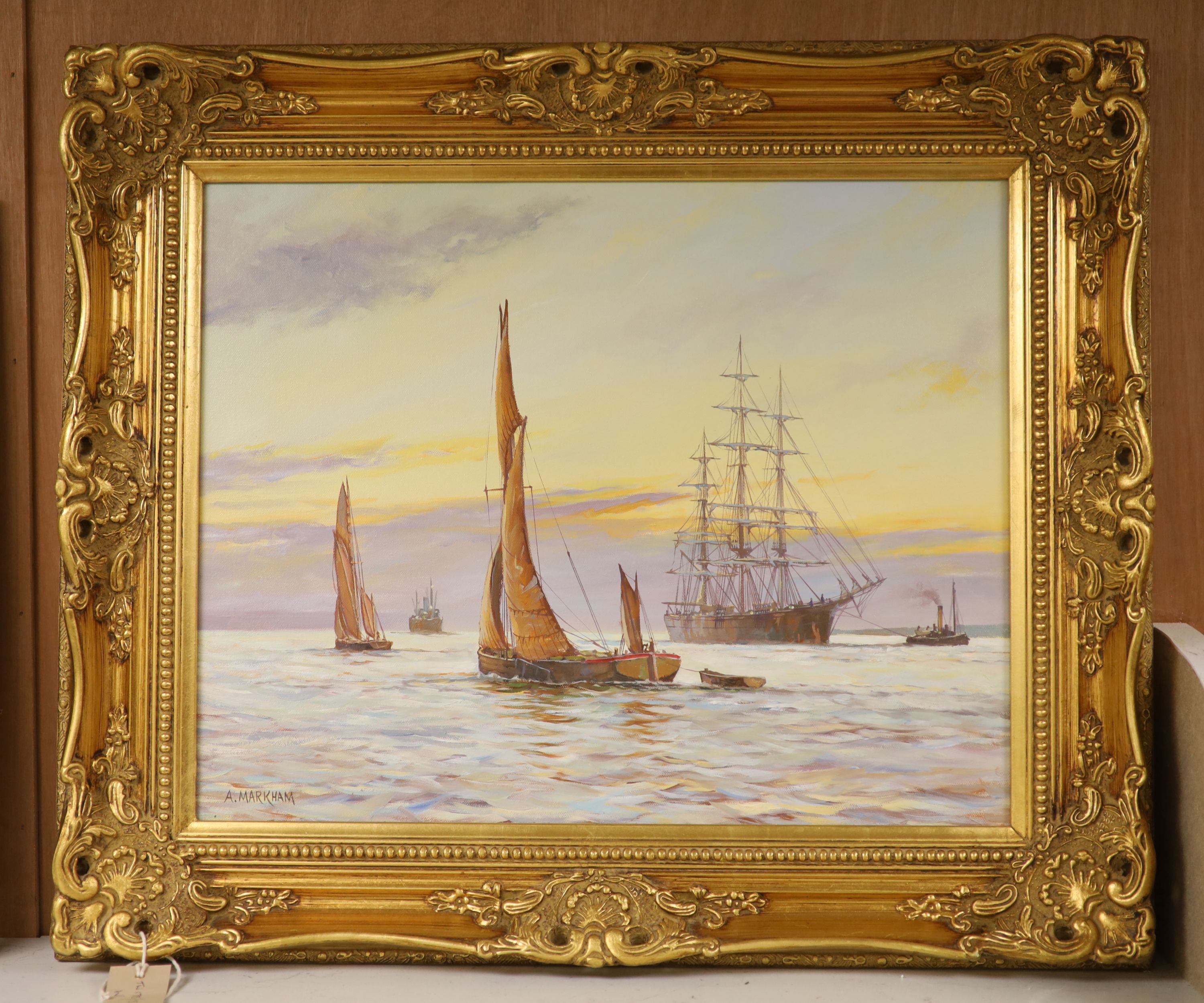 A* Markham (20th century), oil on canvas, Sailing barges and other vessels, signed, 40 x 50cm